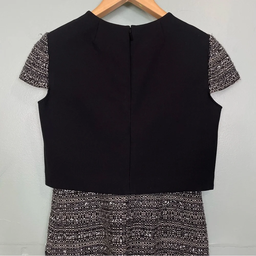 Tory‎ Burch Deandra Tweed Mock Crepe Detail Metallic Silver Mini Dress Size 4